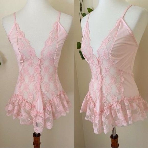 Vintage 60s Bernette New York Pink Lace Skater Chemise - Picture 1 of 6